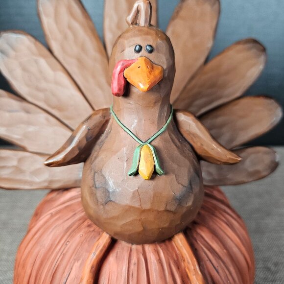 Blossom Bucket Folk Art Brown Turkey Sitting On A Pumpkin Happy Thanksgiving - Picture 7 of 10